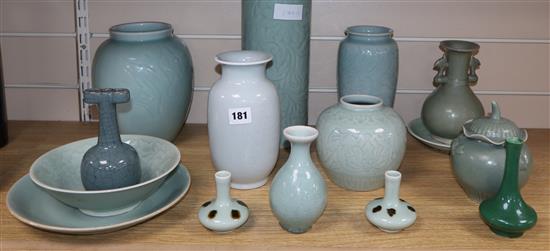 A group of Chinese celadon and monochrome vases, bowls and dishes, 19th / 20th century tallest 29.5cm